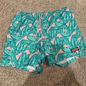 Vineyard Vines Pink and Green Leaf Print Swim Trunks